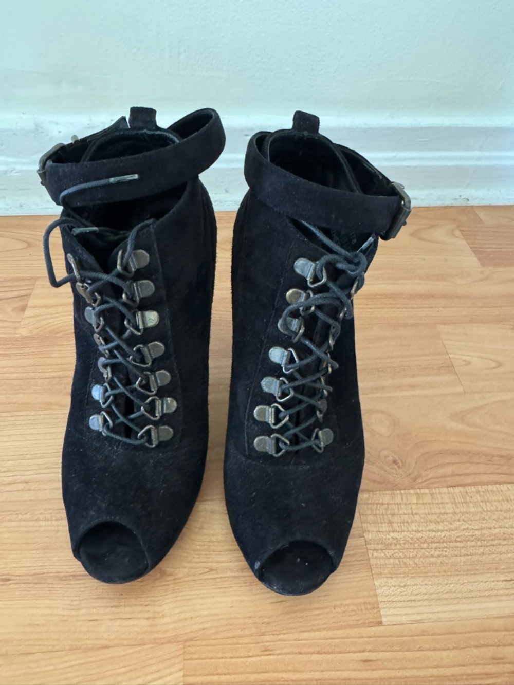 Made in Italy J. Crew Black Suede Lace-Up Peep-Toe Ankle Heels